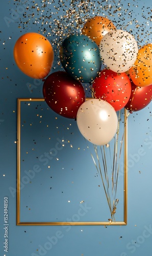 Celebratory Balloons and Confetti in a Decorative Frame Against a Blue Backgr...
