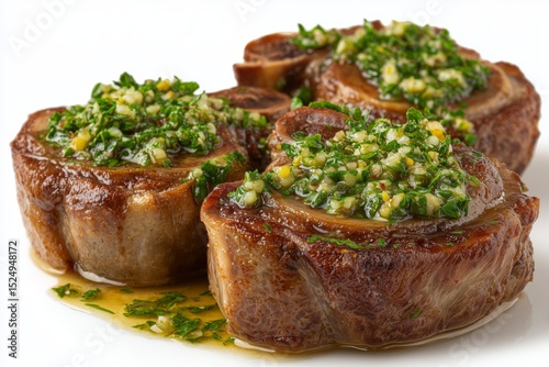Culinary delight of ossobuco alla milanese featuring tender braised veal shanks topped with fresh gremolata on a clean white background