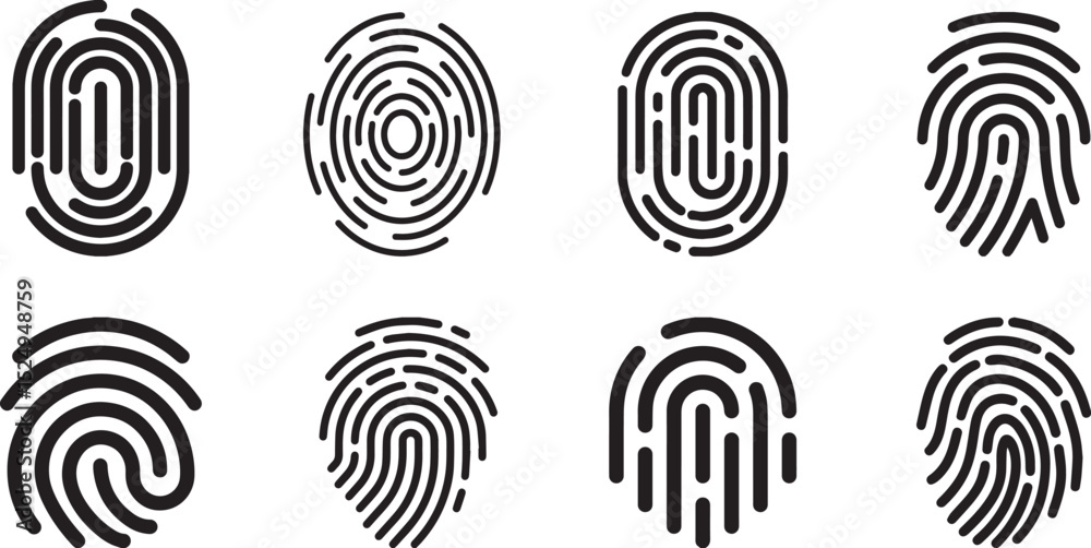 Fingerprint icons in vector format, suitable for biometric identification, digital security, personal access systems, mobile authentication, and technology-related user interfaces.