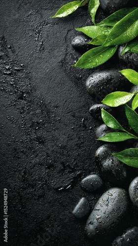 Black Stones and Green Leaves Arranged on a Textured Surface Create a Calming...