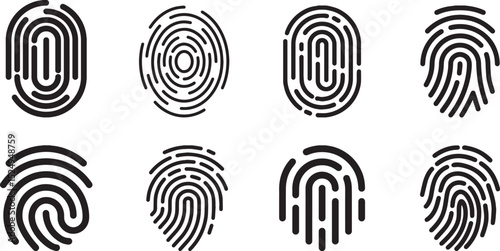 Fingerprint icons in vector format, suitable for biometric identification, digital security, personal access systems, mobile authentication, and technology-related user interfaces.