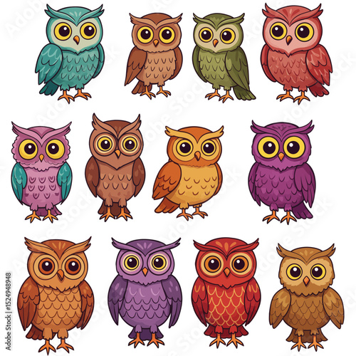 Cartoon owl birds. Woods wildlife birds, brown and snowy owls, forest wild predator birds species flat vector illustration set. Feathered owls collection