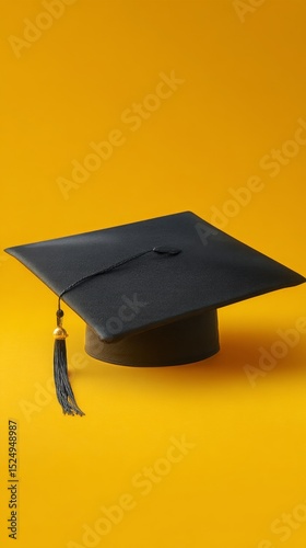 Cap and Tassel Suspended Against a Bright Yellow Background Celebrating Educa...