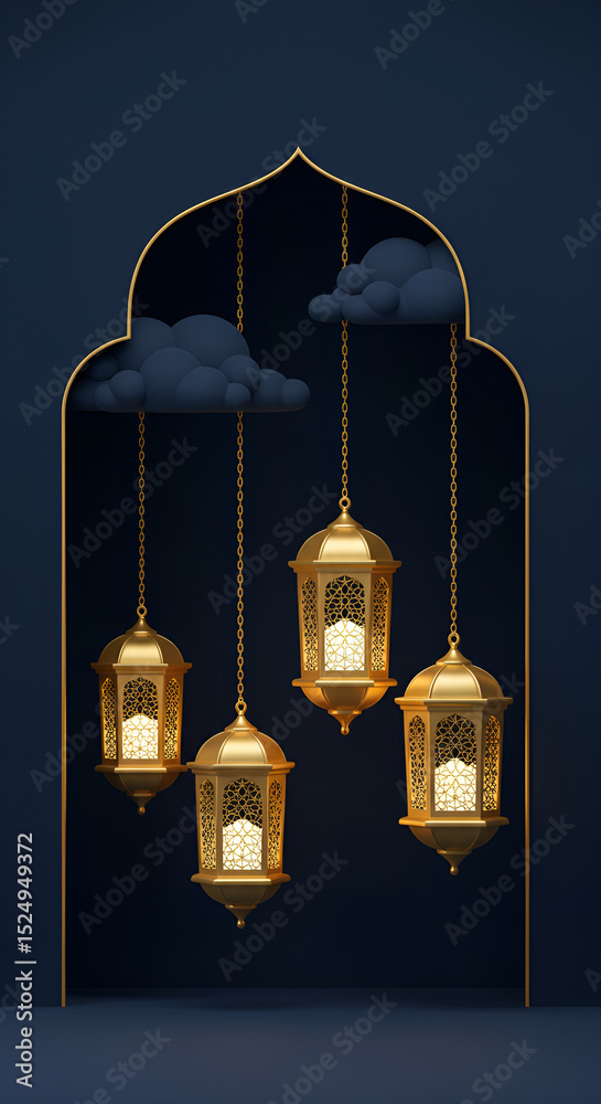 Obraz premium Elegant Golden Moroccan Lanterns Hanging in a Traditional Archway Against a Rich Navy Blue Background, Perfect for Ramadan Decor, Islamic Art, Home Interior Design, and Cultural Festive Ambiance