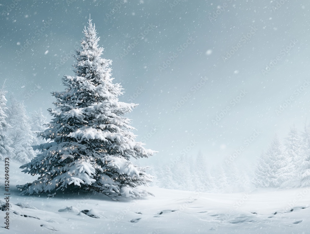 Obraz premium Snowy landscape featuring a beautifully decorated Christmas tree surrounded by serene nature under a gentle snowfall in a calm winter setting