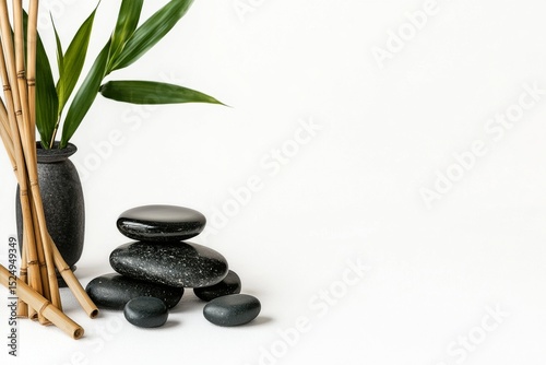 Relaxing Arrangement of Black Stones and Bamboo Against a Minimalist White Ba...