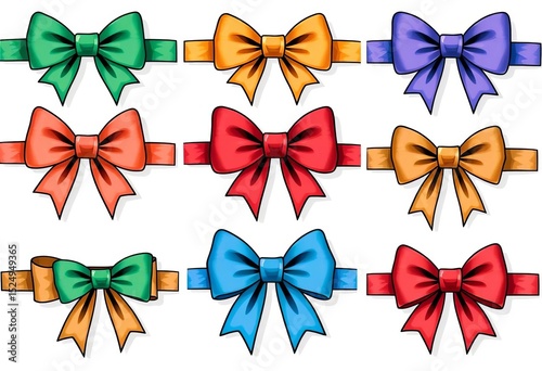 Big set of colorful hand-drawn ribbon bows Simple, decorative bowknots for gift wrapping or design,  wrapping,  clipart photo