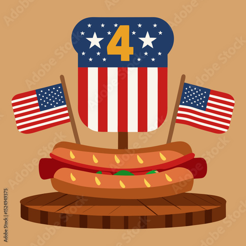 4th of July Hot Dogs with American Flags on Rustic Board