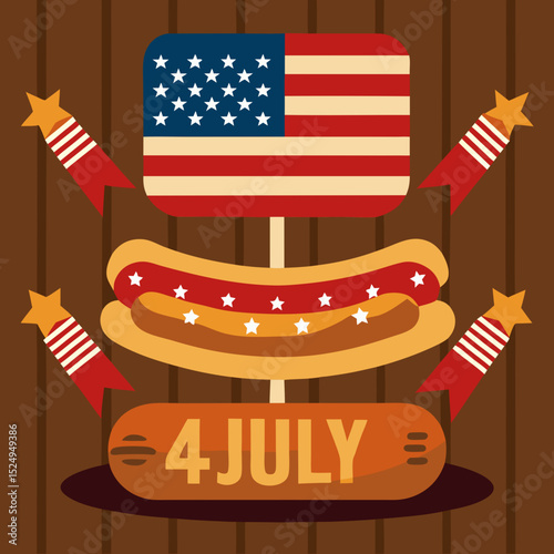 4th of July Hot Dogs with American Flags on Rustic Board
