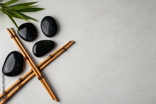 Relaxing Arrangement of Black Stones and Bamboo Against a Minimalist White Ba...
