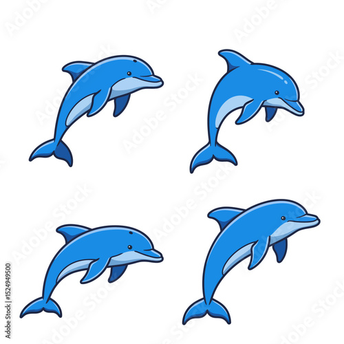Cute dolphins in various poses cartoon illustration