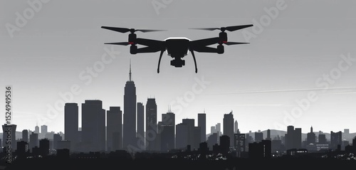 Black & white vector drone over modern city skyline Flat silhouette cityscape illustration,   technology,  clipart
