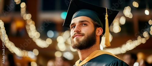 Graduate Enjoying the Moment at a Ceremony With Festive Lights in Background