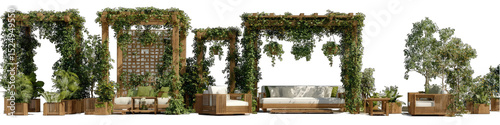 Wooden structures adorned with lush greenery