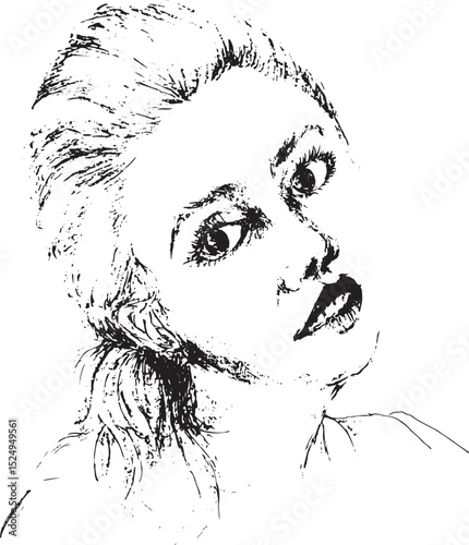 black and white ink sketch of a woman's face with a surprised expression and wide eyes, rendered with expressive strokes