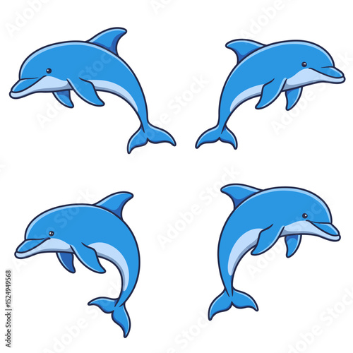 Cute dolphins in various poses cartoon illustration