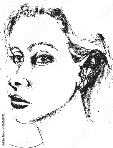 black and white ink sketch of a woman's face with an expressive gaze, rendered with a textured artistic style.