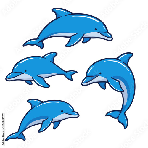 Cute dolphins in various poses cartoon illustration