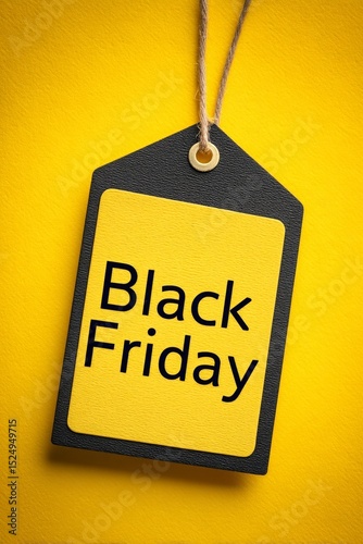 Black Friday Sales Tag Displayed on Vibrant Yellow Background for Holiday Sho...