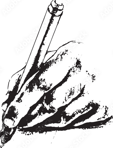 black and white ink vector illustration of a hand holding a pen in the act of writing or drawing, rendered with expressive strokes.