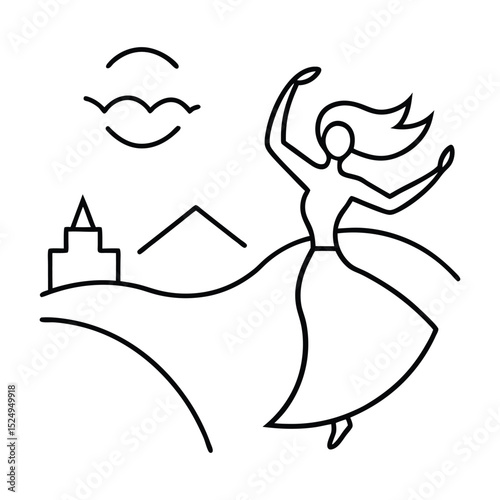 silhouette of Abstract landscape with the sights of India and a dancing woman
