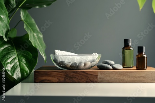 Relaxing Spa Setup With Towel, Stones, and Essential Oil Bottle in Serene Ind...