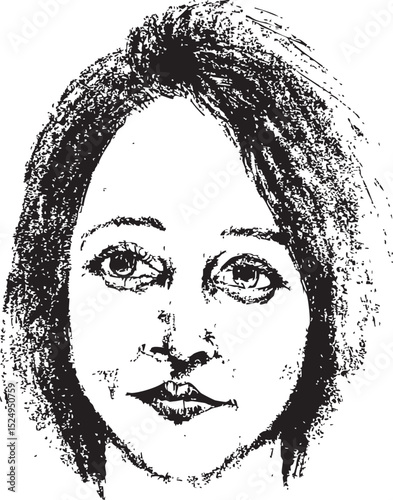 black and white ink vector portrait of a short hair woman's face looking directly forward, rendered with a raw and textured artistic style
