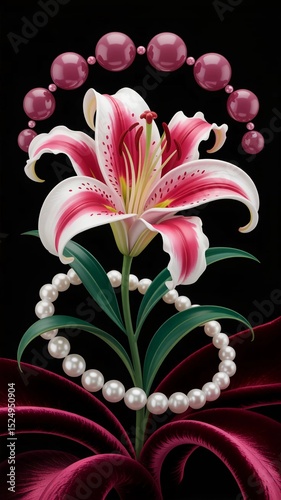 Vibrant Stargazer Lily with Elegant Pearl Accents and Rich Burgundy Swirls on a Black Background, Ideal for Artistic T-Shirt Design, Floral Fashion, and Luxurious Apparel Prints