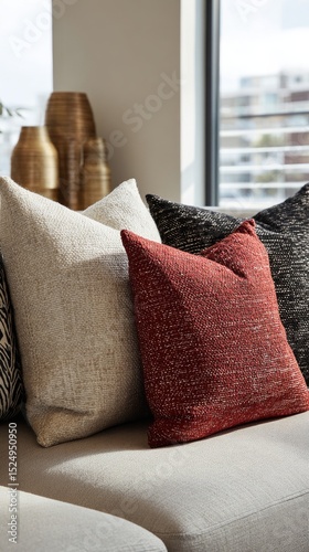 Cozy Living Room Adorned With Decorative Pillows in Contemporary Interior Des...