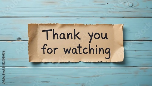 Torn paper note with thank you for watching text on blue wooden background. Ideal for video outros, presentations, and social media end screens.