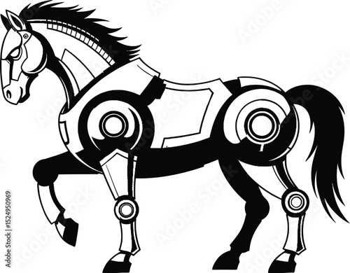 Futuristic horse robotic steed mechanical animal creature black and white illustration