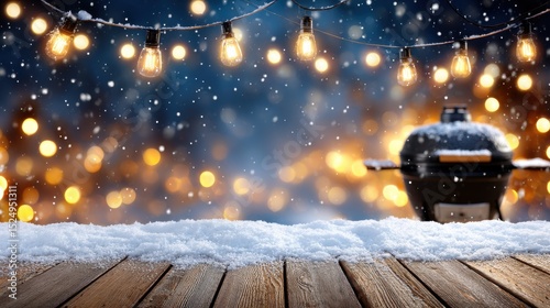 Winter barbecue scene with string lights snowfall and rustic wooden surface