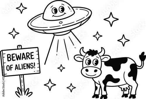Alien abduction cartoon with cow and spaceship in black and white