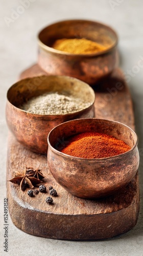 Colorful Spices Arranged in Metallic Bowls on Wooden Surface With Natural Light.