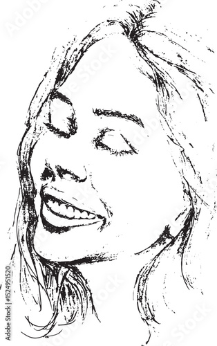 black and white ink vector portrait of a woman's face with a joyful smile and closed eyes, conveying a sense of happiness and bliss, rendered with an expressive artistic style