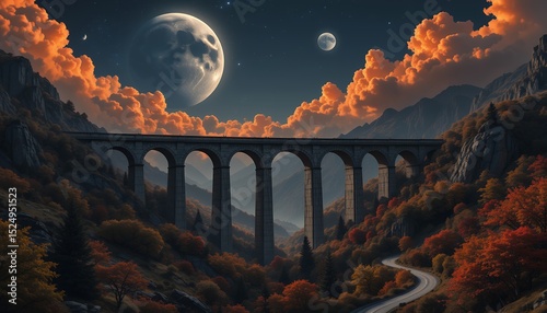 Surreal nighttime landscape with majestic viaduct bridge under glowing moons and vibrant colorful clouds