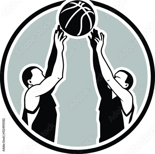 Basketball Silhouette: A dynamic illustration captures two players locked in a thrilling basketball game, their forms elegantly silhouetted against the circular background.