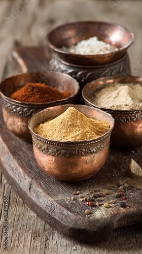 Exploring the Rich Textures and Colors of Spices in Unique Copper Bowls on a ...