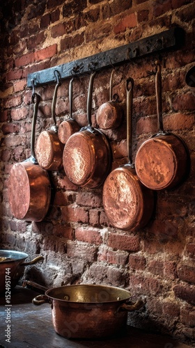 Warm Copper Cookware Hanging on Rustic Brick Wall in a Vintage Kitchen.