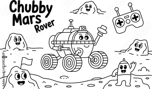 Cute chubby mars rover cartoon outline illustration for kids coloring page