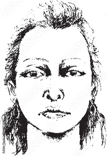 Artistic Distressed Black and White Frontal Portrait of a Woman with Earrings.
