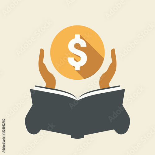 Hands holding dollar sign above open book in flat design style  