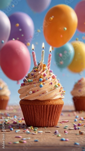 Colorful Cupcakes With Candles and Balloons at a Cheerful Celebration Outdoor...