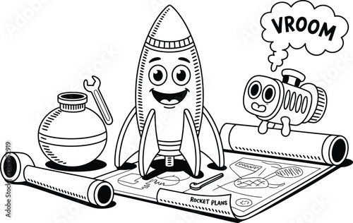 Rocket building cartoon design with plans and funny characters black and white