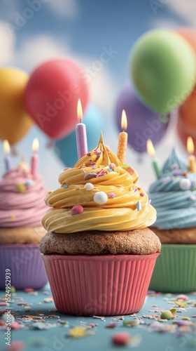 Colorful Cupcakes With Candles and Balloons at a Cheerful Celebration Outdoor...