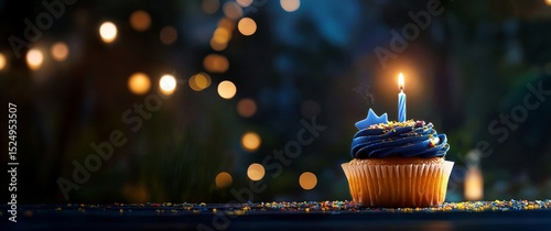 Celebration Cupcake With Candle and Colorful Sprinkles in a Softly Lit Outdoo...
