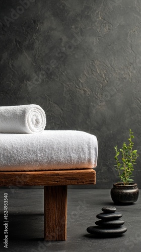 Spa Treatment Area With a Massage Table, Towels, and Stones in a Serene Atmos...