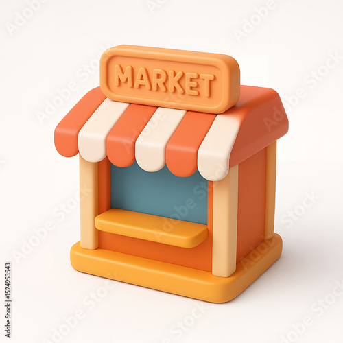 A vibrant 3D rendering of a stylized market stall, perfect for illustrations about commerce, retail, and shopping.