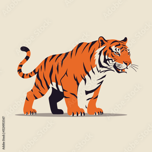 Amur tiger goes isolated on white background. Vector tiger side view. Endangered animal