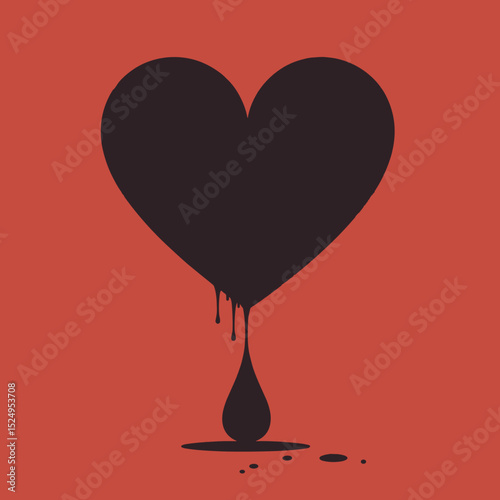 Black heart dripping liquid on orange background  